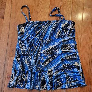 A Shore Fit - Size 14 - Tiered Frilly Bathing Suit Top - Blue/White/Black Print